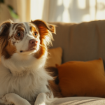 Toy Aussie Sitting on A Couch in A Cozy Apartment Setting