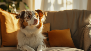 Toy Aussie Sitting on A Couch in A Cozy Apartment Setting