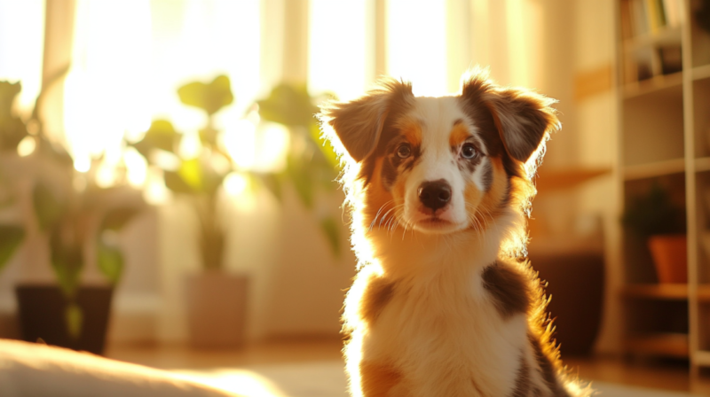 Toy Aussie Sitting in A Cozy Apartment with Plants in The Background