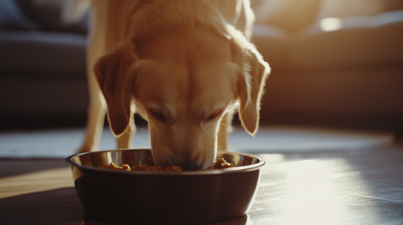 A Dog Eats from A Bowl