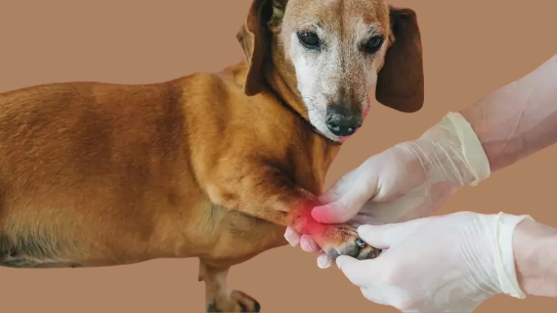 An image of a dog with a paw being gently examined for signs of canine arthritis